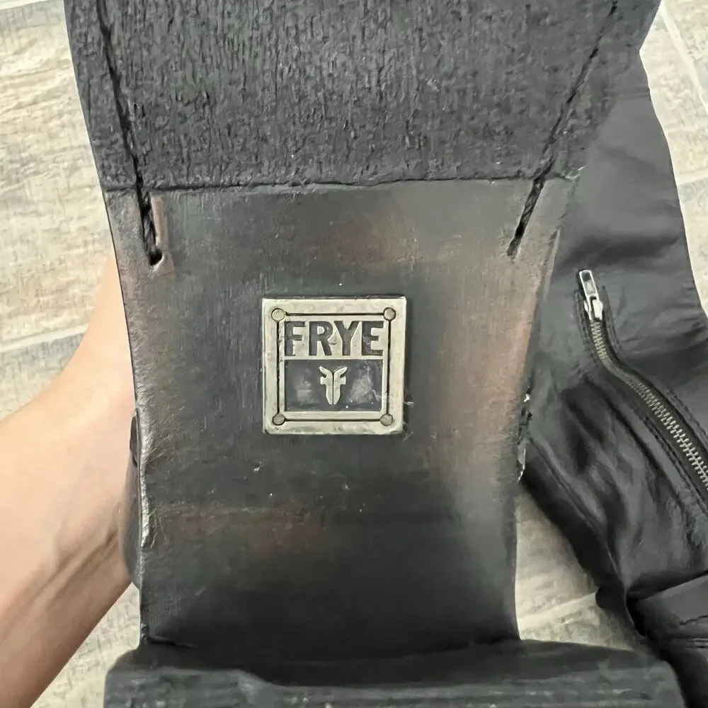 Frye Kelly Black Leather Over the Knee Boots Buckle Strap Block Heel Riding boot